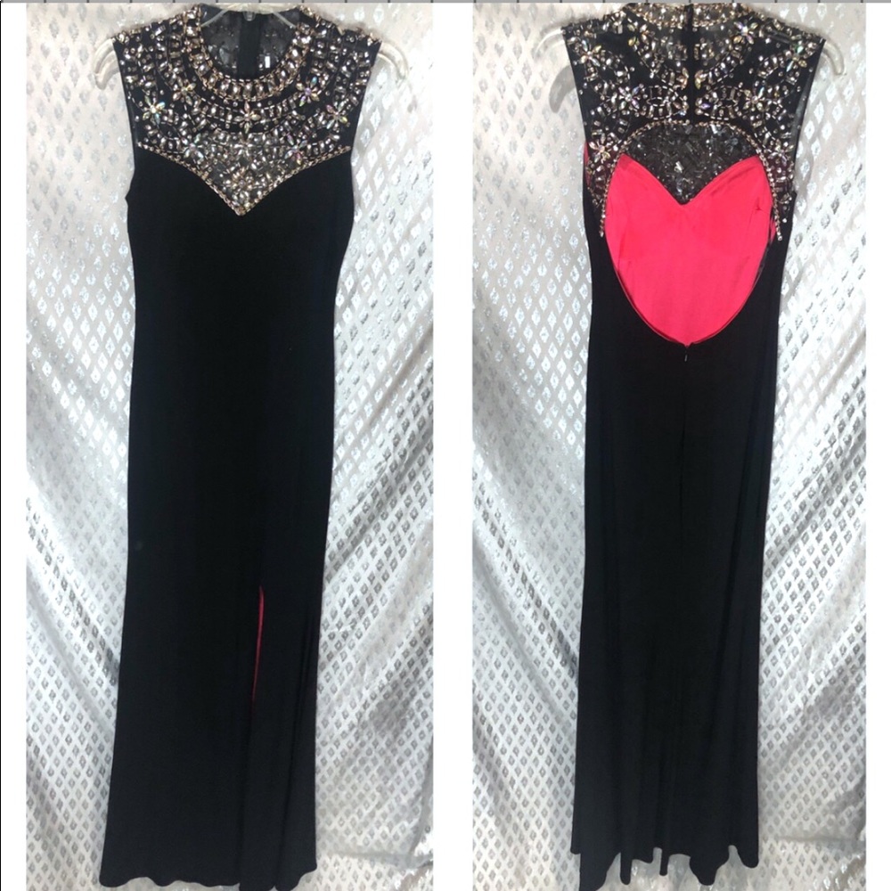 Betsy & Adam Mock Neck Black Sleeveless Prom Dress